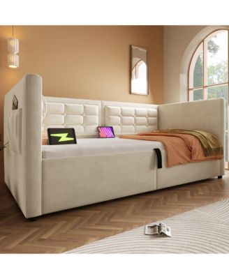 Upholstered Twin Daybed with Hydraulic Storage, USB Charging, Tufted Back, Beige Velvet