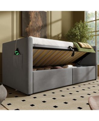  Upholstered Twin Daybed with Hydraulic Storage, USB Charging, Tufted Back, Gray Velvet