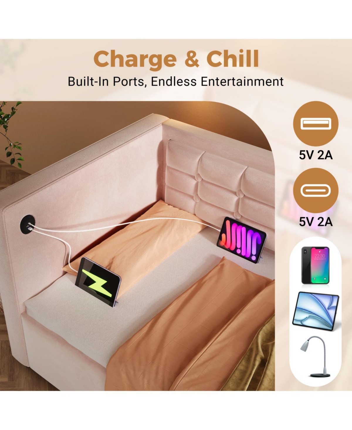 Streamdale Furniture Velvet Twin Daybed with Usb Charging & Storage