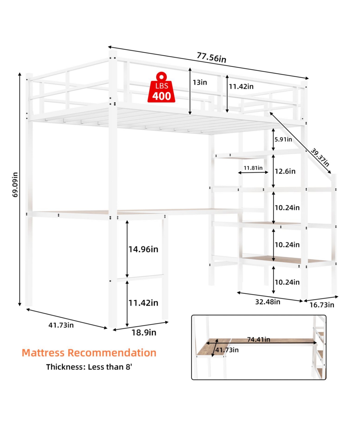 Streamdale Furniture Loft Bed with L-Desk, Storage, Stairs & Railing