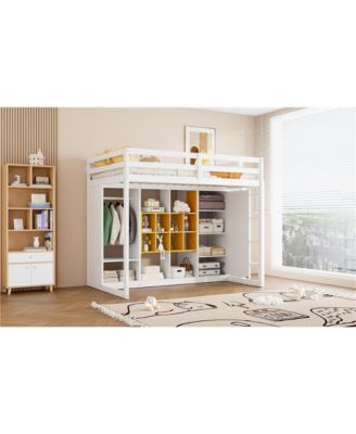 Twin Size Wood Loft Bed with Wardrobe, shelves and Cabinet