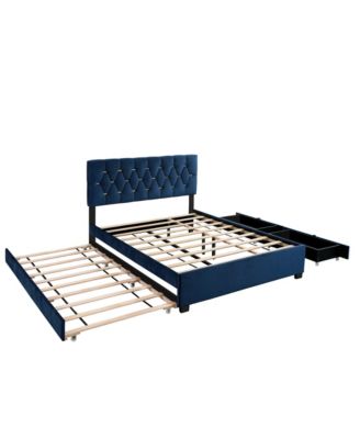 Queen Velvet Bed with Trundle & Storage - Blue
