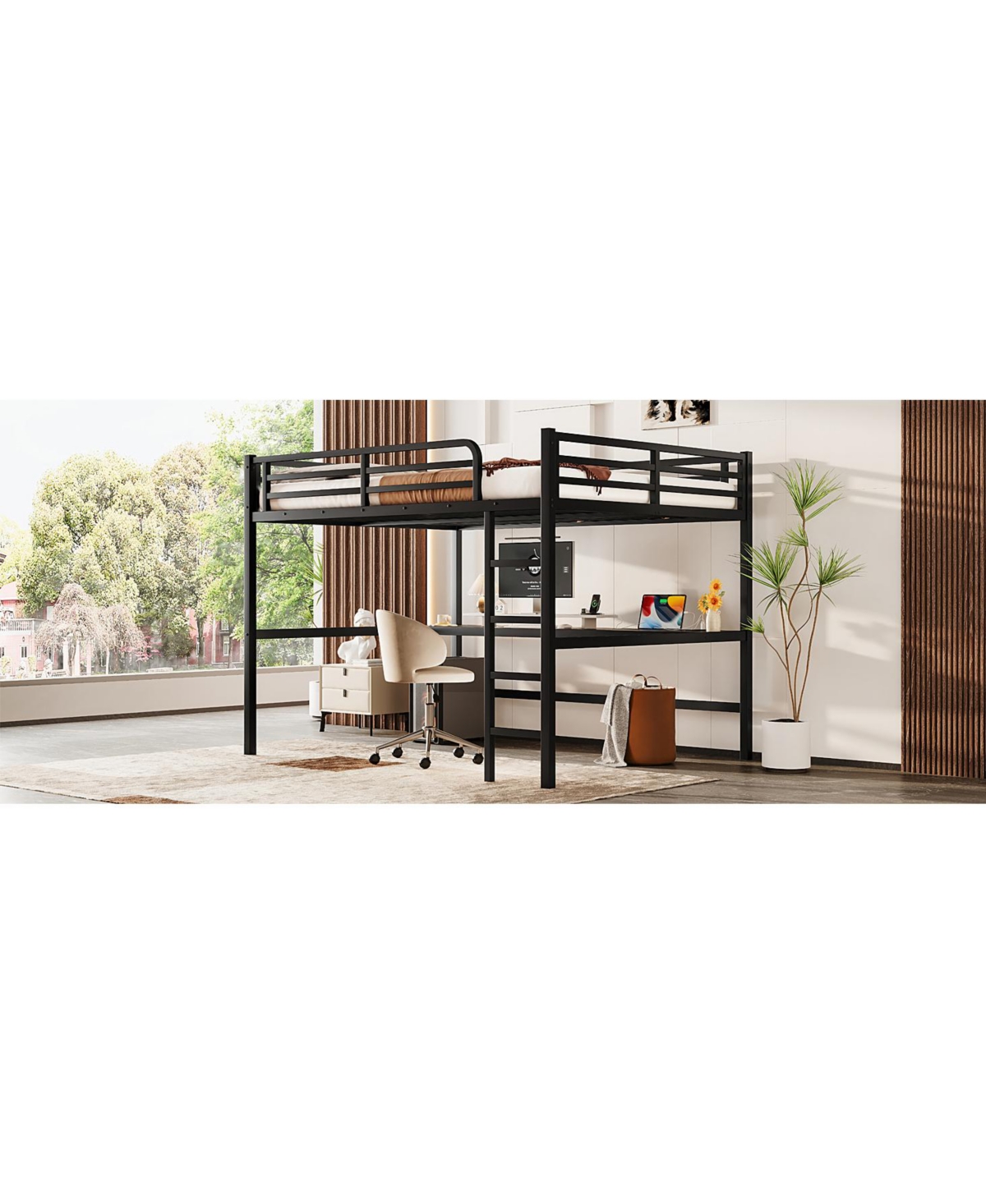 Streamdale Furniture Metal Queen Loft Bed w/ Outlet & Led Light