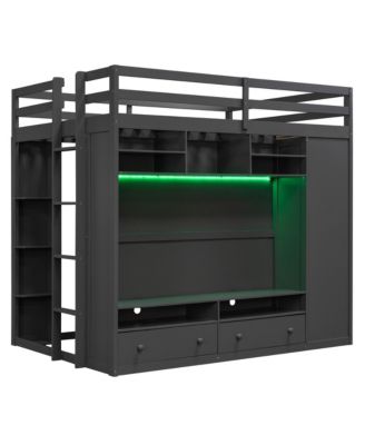 Full size Loft Bed with Drawers, Shelves and Light