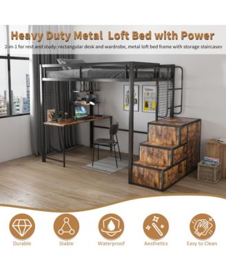 Loft Bed with Desk, USB, Drawers, Stairs & Storage - Black