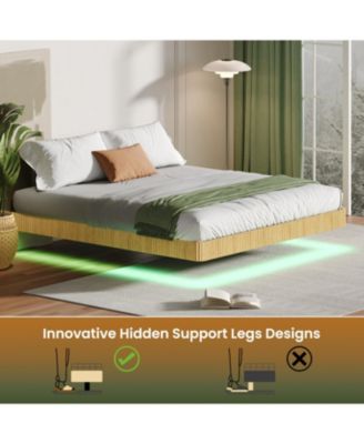  Oak King LED Floating Bed Frame - Wave Texture, Metal Slats