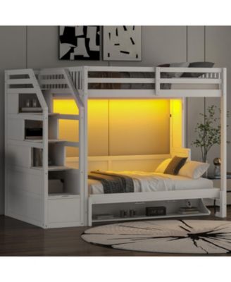 Full XL Loft Bed w/ Storage Stairs & Full Murphy Bed, LED
