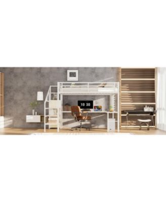 Queen Loft Bed with Desk, Wardrobe, Shelf & LED