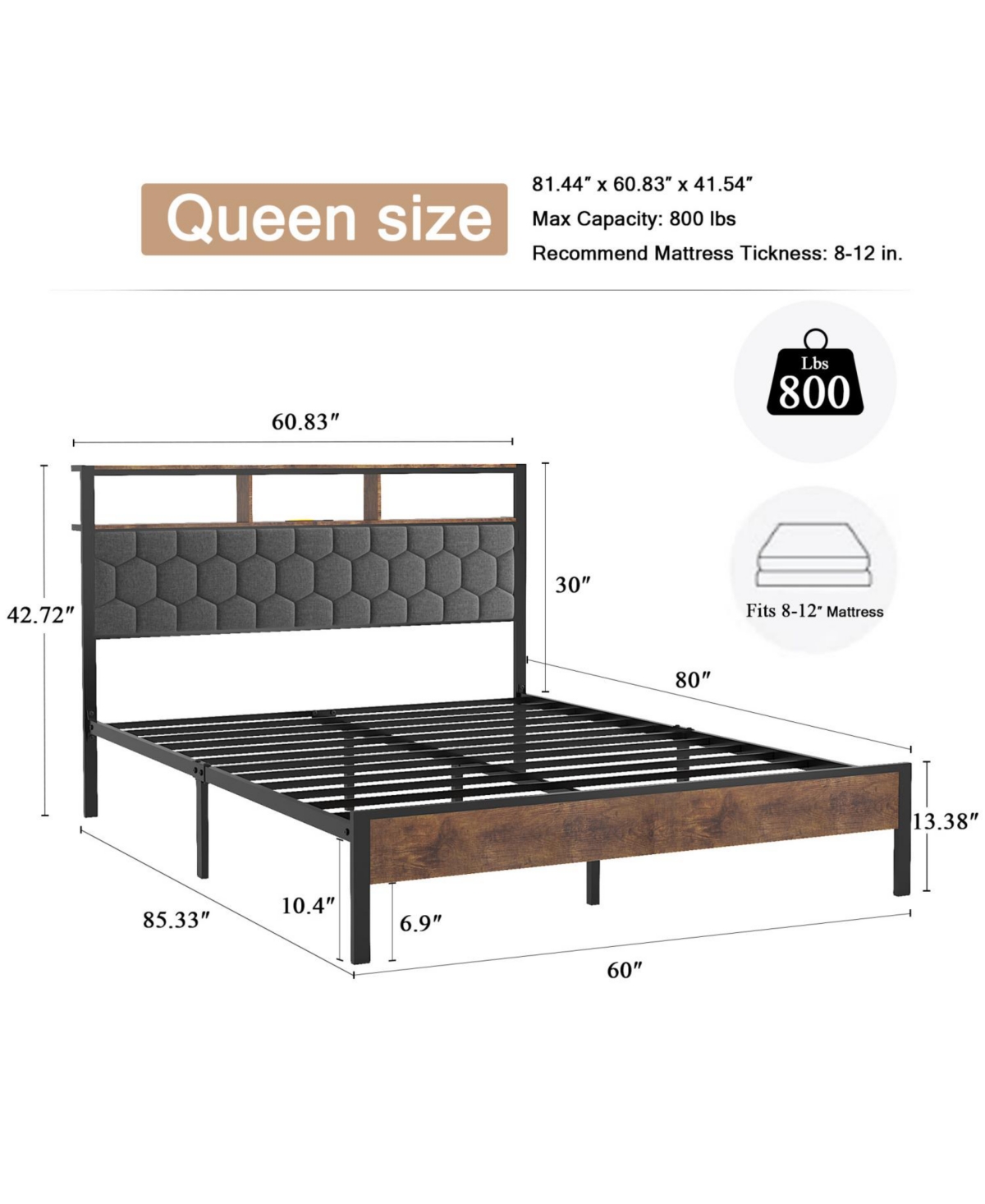 Streamdale Furniture Queen Bed Frame Headboard, Usb Ports, Under-Bed Storage