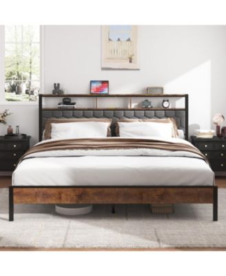 King Wooden Platform Bed Frame w/ USB Ports & Storage - Brown