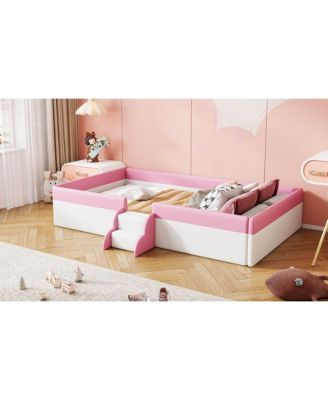 Twin Size Upholstered Daybed Frame with Fence and Stairs, (PINK+WHITE