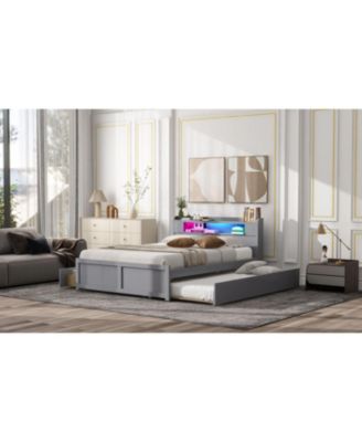 Queen Wood Platform Bed- LED, 2 Drawers & Trundle.