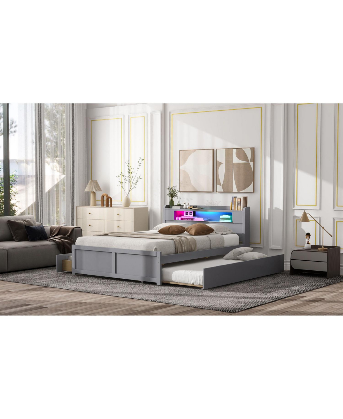 Streamdale Furniture Queen Wood Platform Bed- Led, 2 Drawers & Trundle.