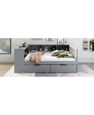 Wood Full Platform Bed with Storage & Charging
