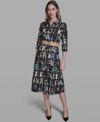 Women's Allover Print Belted Collared Shirt Dress