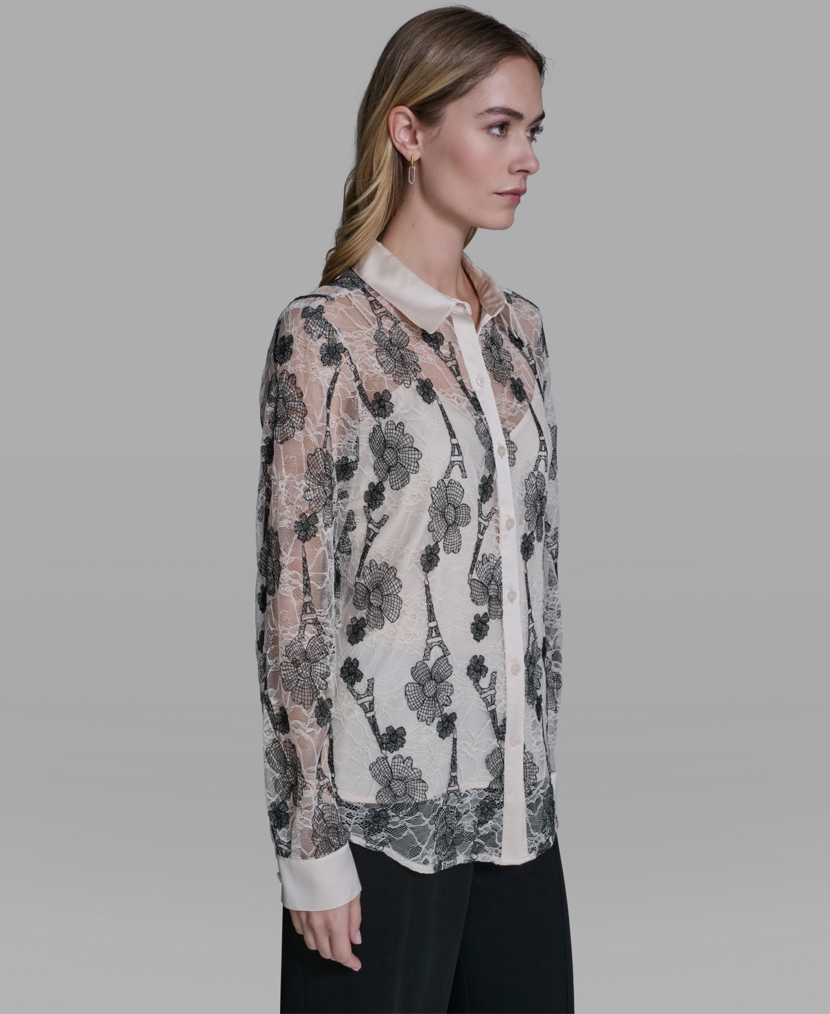 Karl Lagerfeld Paris Women's Lace Print Collared Top