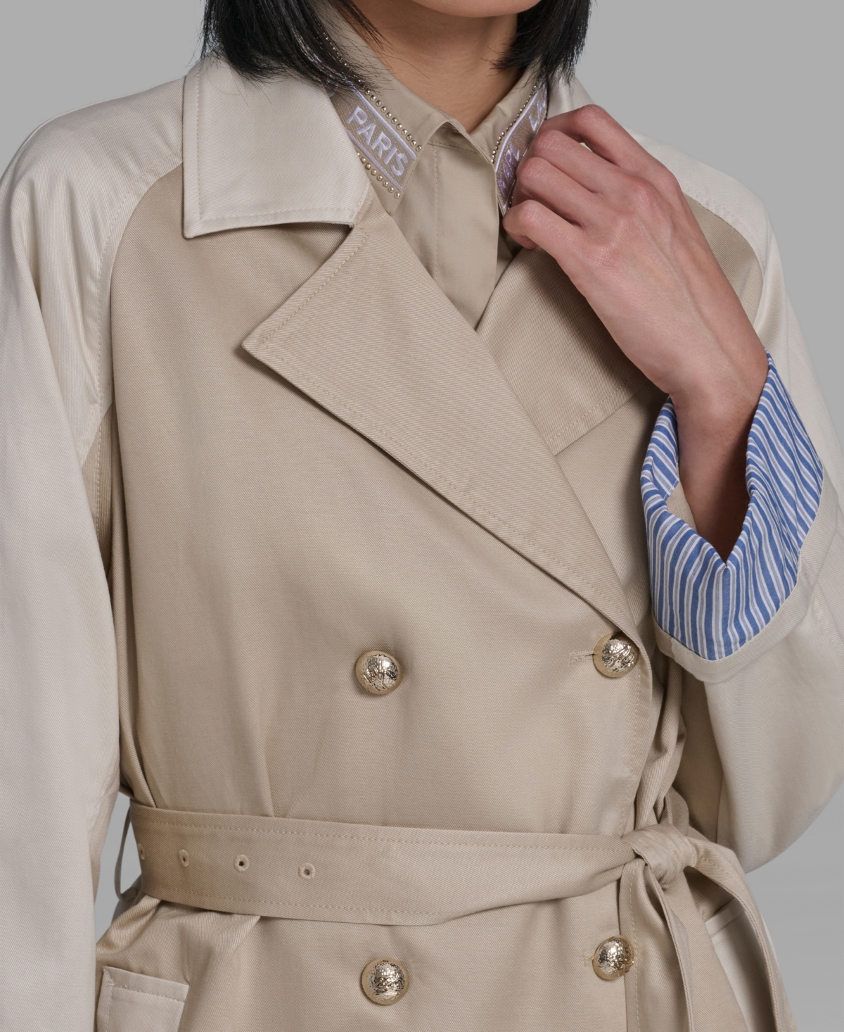 Karl Lagerfeld Paris Women's Color Block Collared Trench Coat