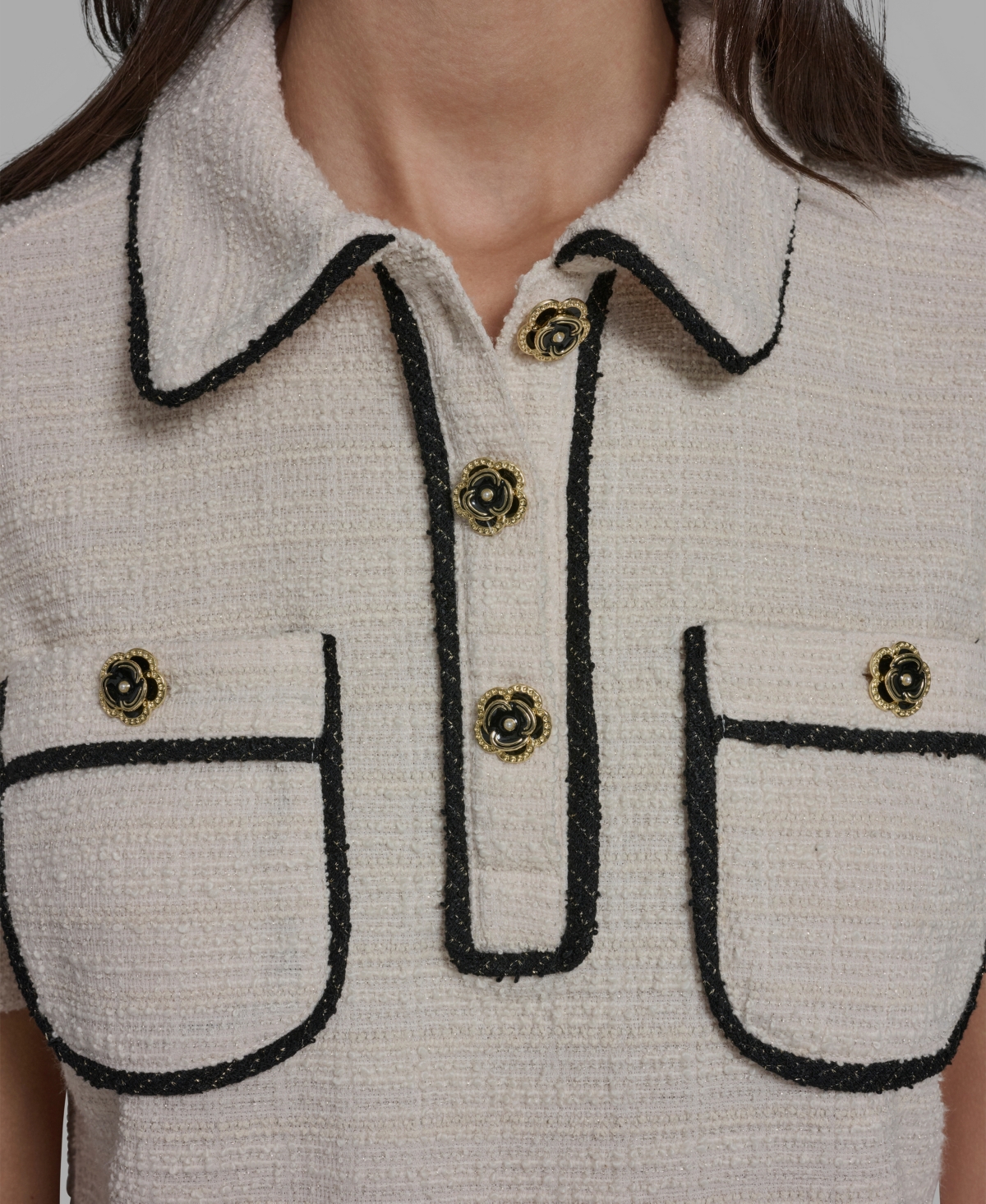 Karl Lagerfeld Paris Women's Knit Henley with Framing Collared Top