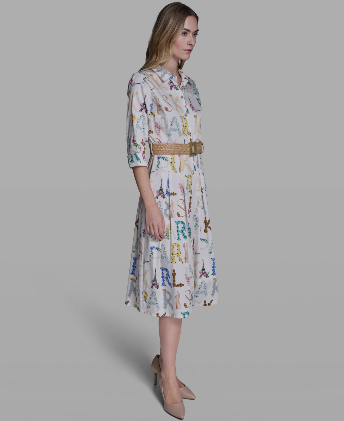 Karl Lagerfeld Paris Women's Allover Print Belted Collared Shirt Dress