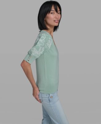Women's V-Neck Floral Embroidered Short Sleeve Sweater