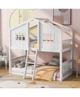 Twin Over Twin House Bunk Bed With Ladder, Wood Bed