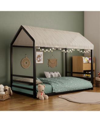 Montessori Metal Floor Bed Frame, House Bed with Guardrails, Kids/Toddlers.