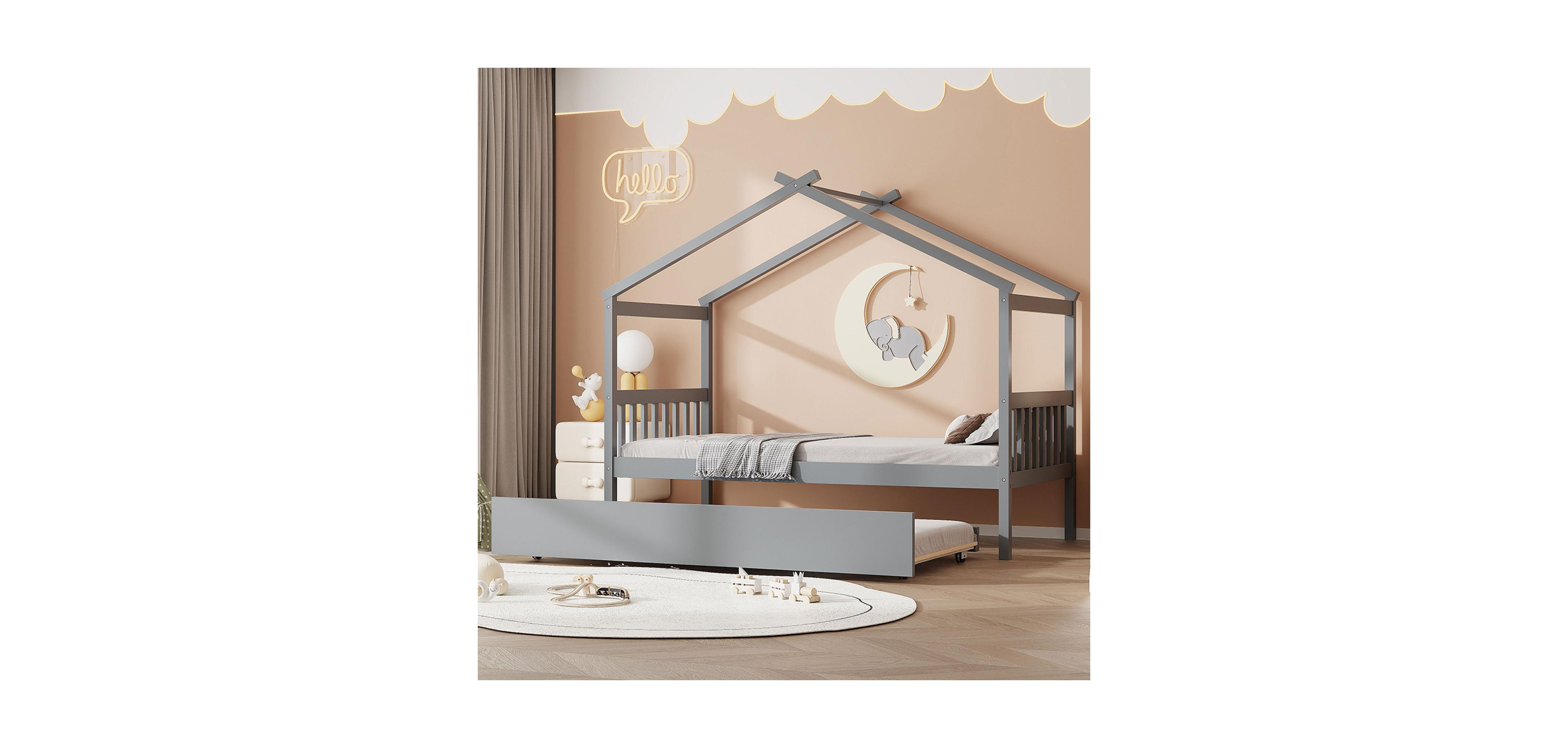Streamdale Twin Wooden House Bed with Trundle, Gray