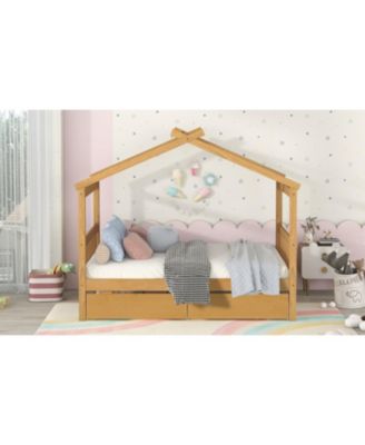 Full Size Wooden House Bed with Drawers, White