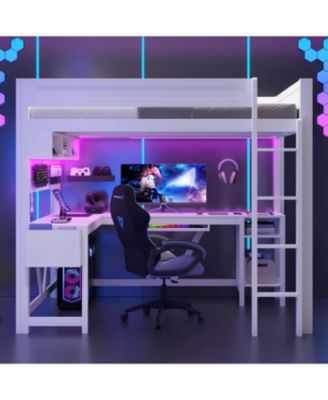 Full Size Black Gaming Loft Bed with Desk, LED Lights & Charging Station