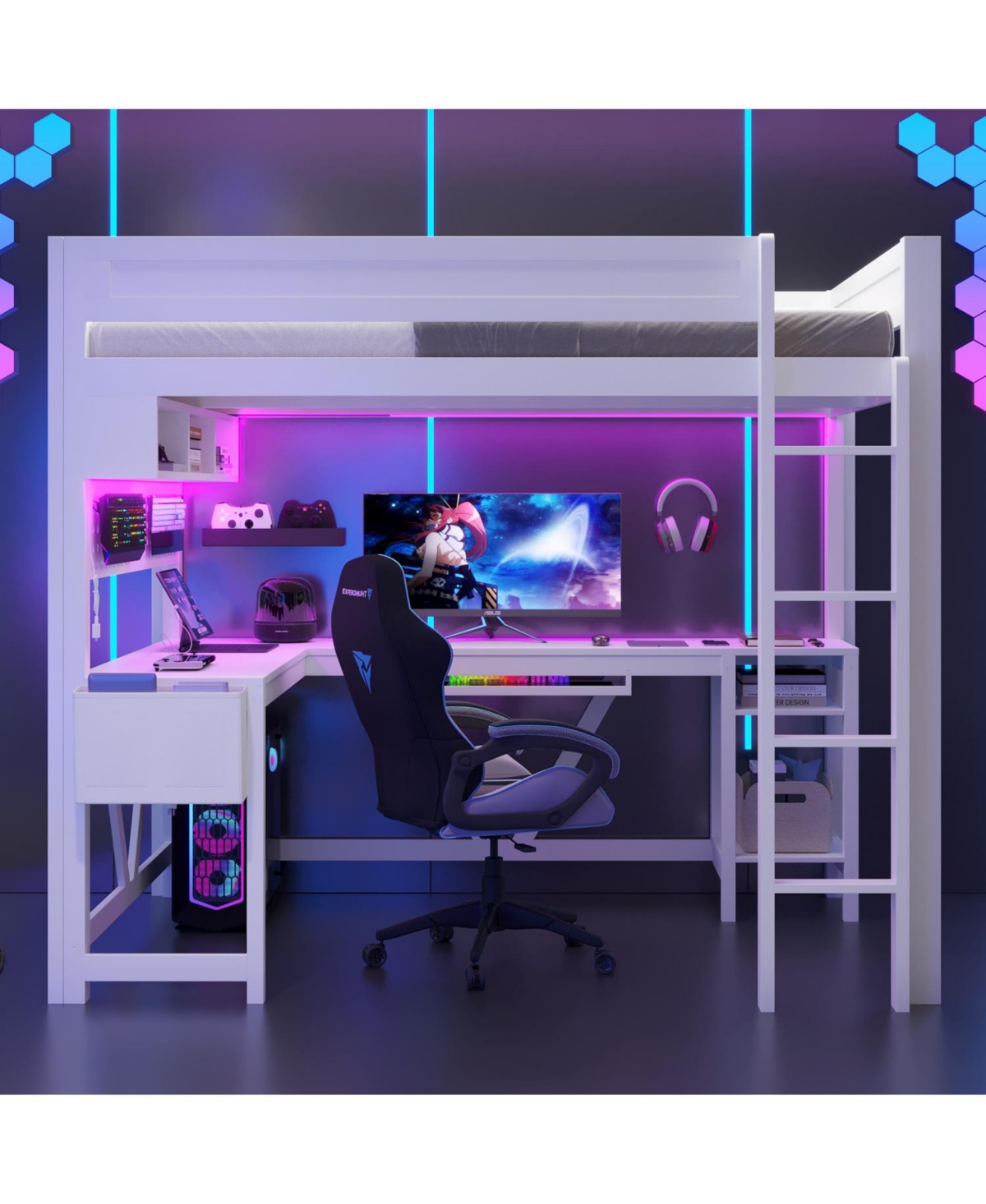 Streamdale Furniture Full Size Black Gaming Loft Bed with Desk, Led Lights & Charging Station