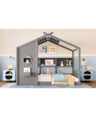 Twin Floor House Bed Toddler, Montessori Bed with Shelf, Playhouse Bed