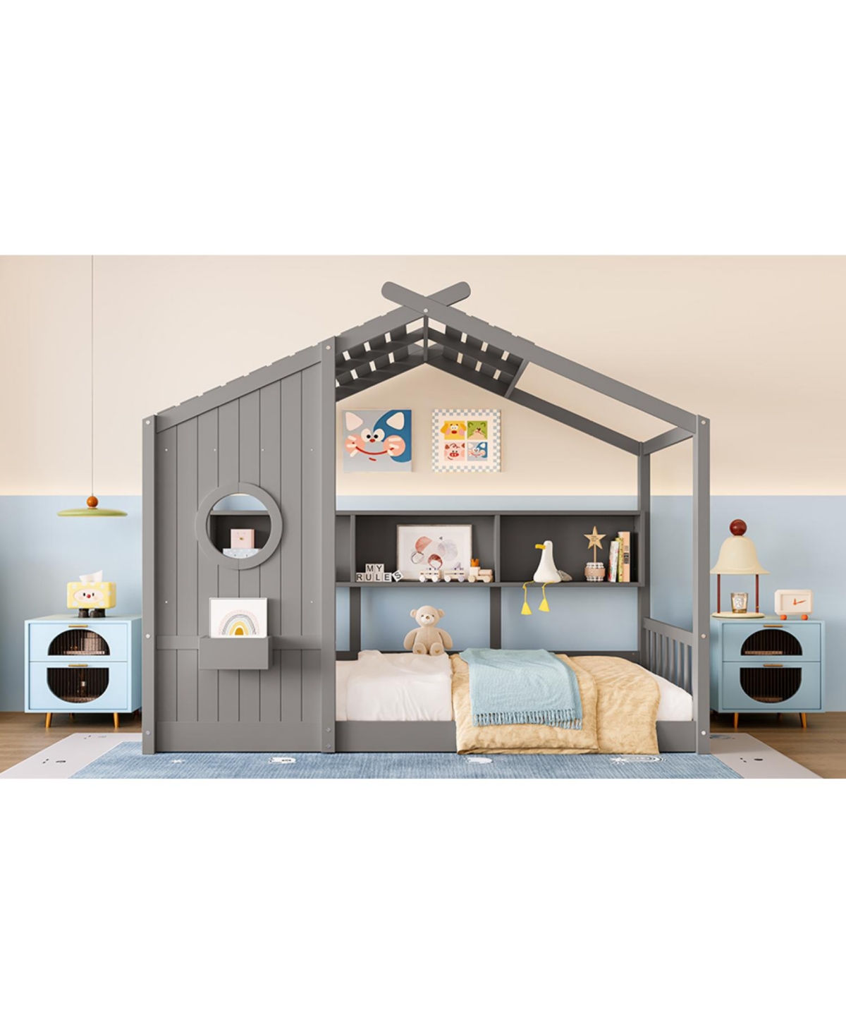 Streamdale Furniture Twin Floor House Bed Toddler, Montessori with Shelf, Playhouse Bed, Gray