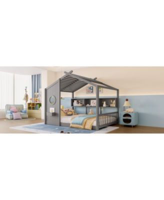 Floor House Bed Toddler Kids Montessori Bed w/ Shelf & Roof.