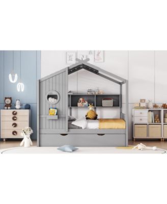 Wooden Full Size House Bed with Trundle & Shelf