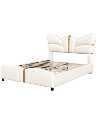 Upholstered PU Leather Bed Frame, Butterfly Headboard, Gold Metal.