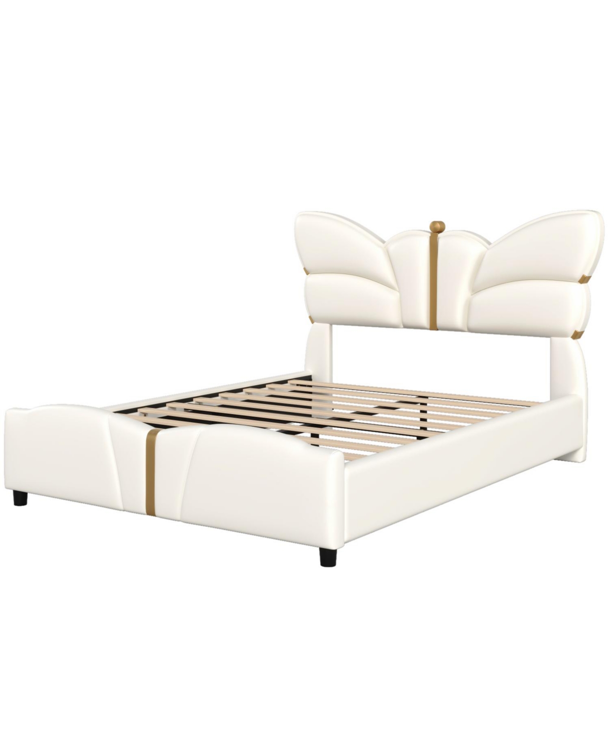 Streamdale Furniture Upholstered Pu Leather Bed Frame, Butterfly Headboard, Gold Metal.