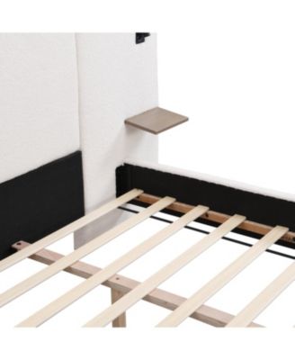 Chic Boucle Upholstered Bed with Integrated Lights and Shelves, White, King
