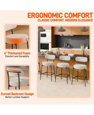 Bar Stools Set of 3, 24 Inches Modern Counter Height Bar Stools with Curved Back Metal Legs, Upholstered Tall Barstools