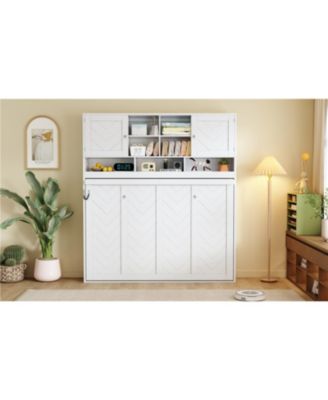 Queen Size Wall Murphy Bed with Ample Storage Space and Chevron Stripes, White