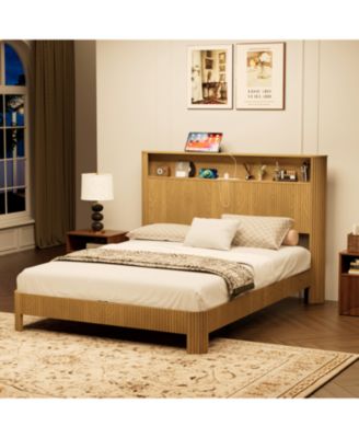 Streamdale Queen Bed Frame- Storage Headboard, Charging Station, Natural