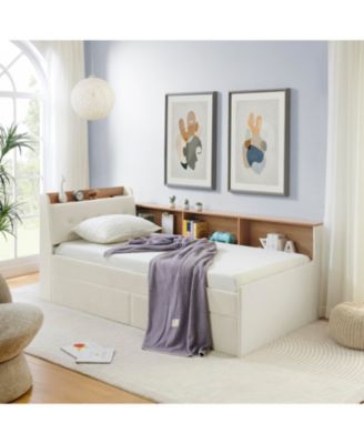 Twin Velvet Daybed- Storage Headboard, Wireless Charging, LED, Beige