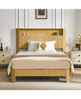  Full XL Bed Frame- Storage Headboard, Charging Station, Natural