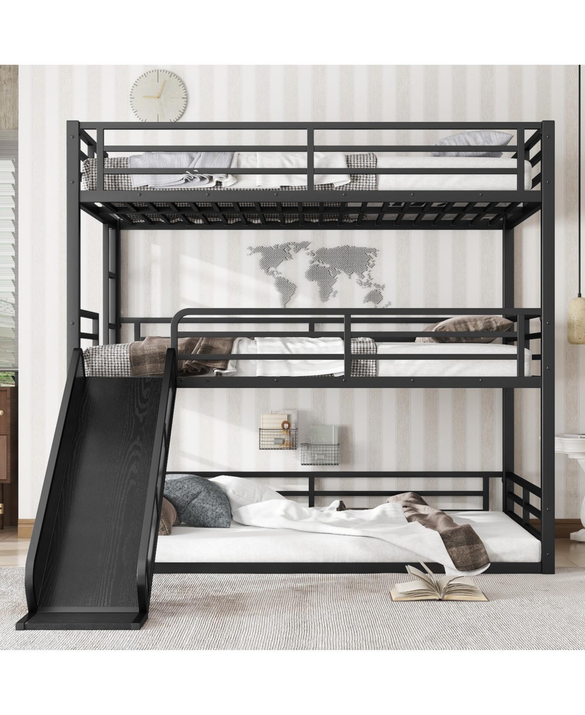 Streamdale Furniture Triple Bunk Bed with Slide, Metal, Heavy-Duty
