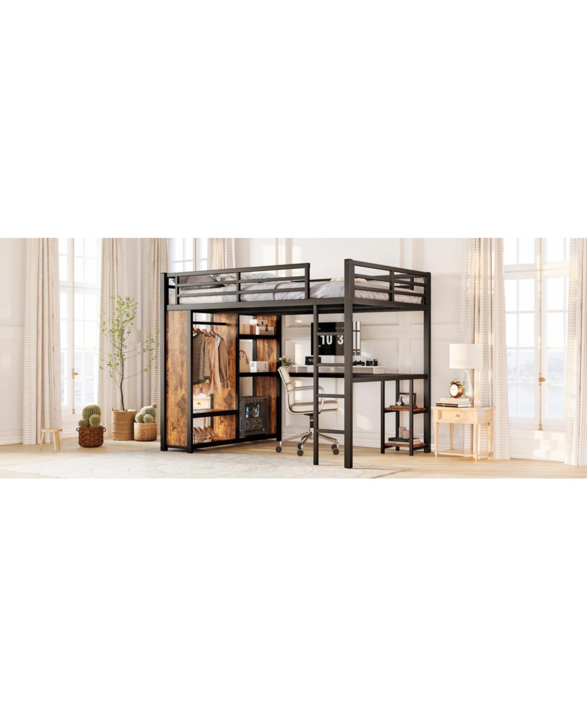 Streamdale Furniture Queen Loft Bed Frame Wardrobe, Desk & Shelves - Woodgrain