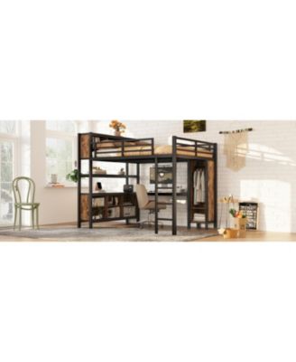  Queen Loft Bed with Wardrobe, Desk & Storage - Black Woodgrain