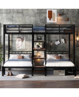 Queen/Twin/Twin Metal Bunk Bed w/ Storage - Black