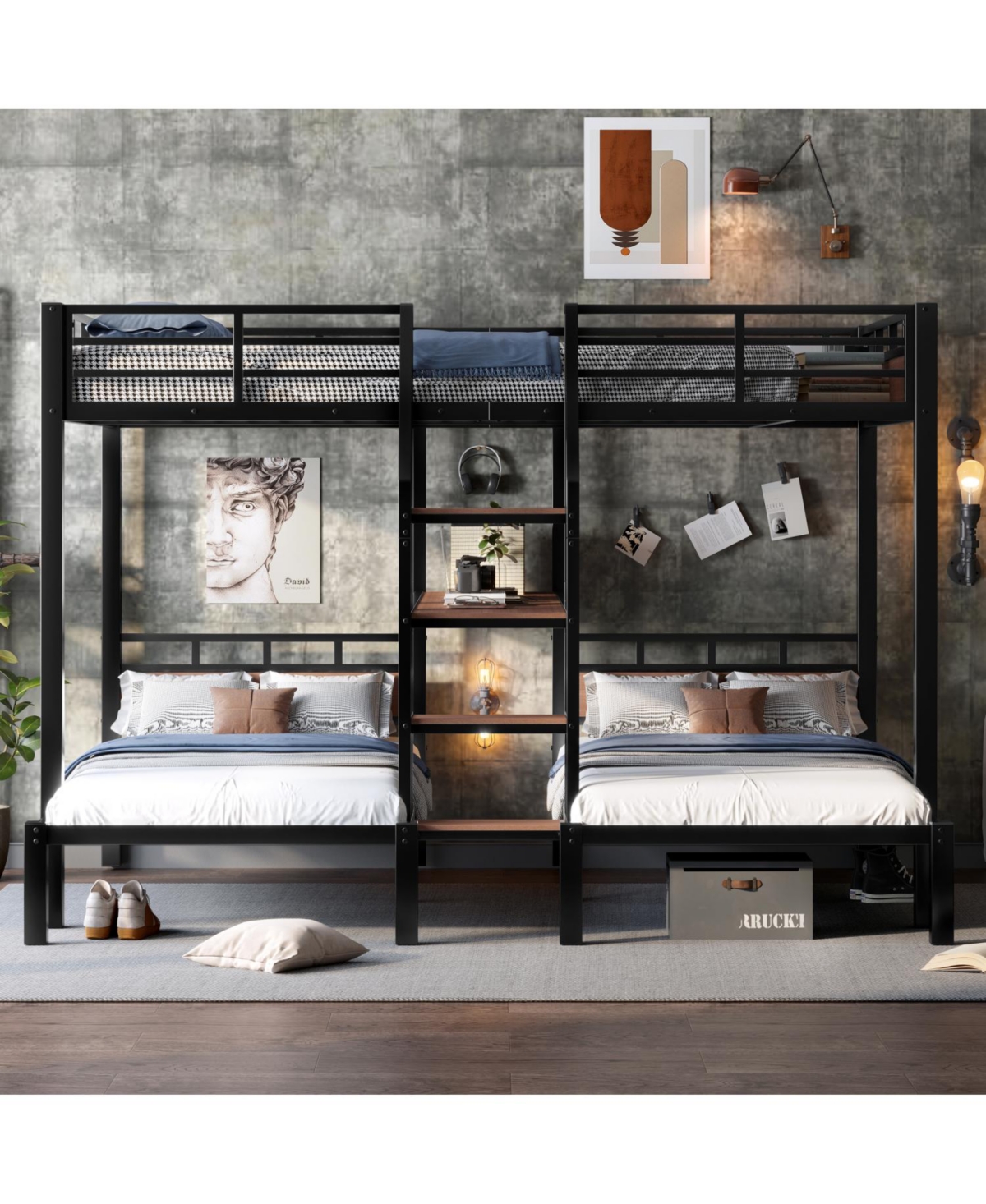 Streamdale Furniture Queen/Twin/Twin Metal Bunk Bed w/ Storage - Black