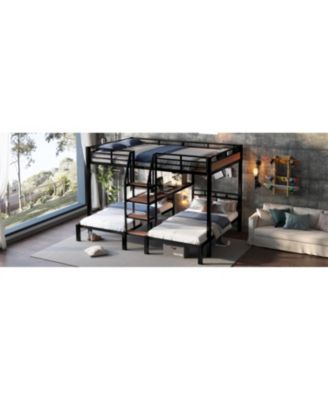 Queen/Twin/Twin Metal Bunk Bed w/ Storage - Black