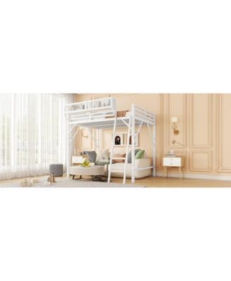 Queen Size Metal Loft Bed with Shelves & Ladder