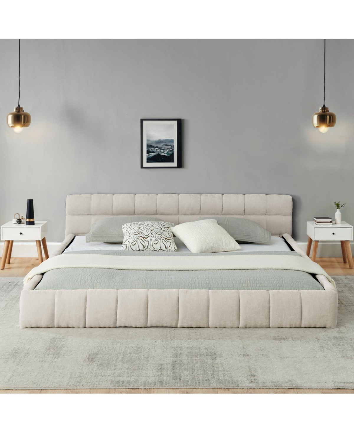 Streamdale Furniture California King Upholstered Platform Bed Frame - Beige